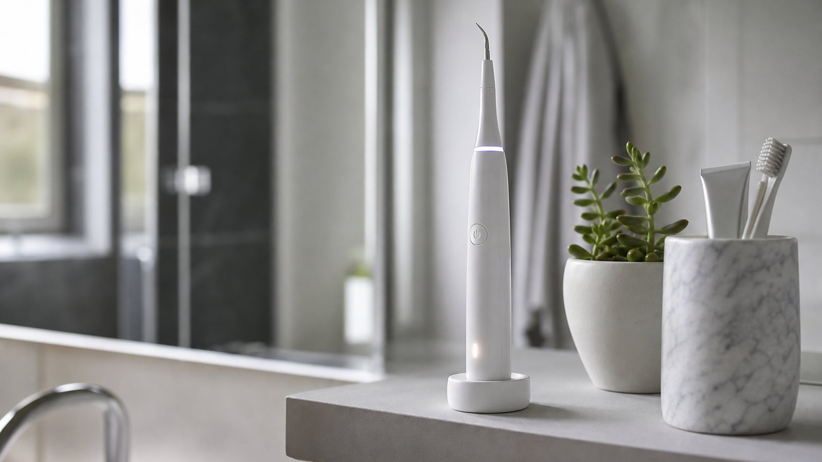 Rechargeable ultrasonic teeth cleaner on a bathroom shelf