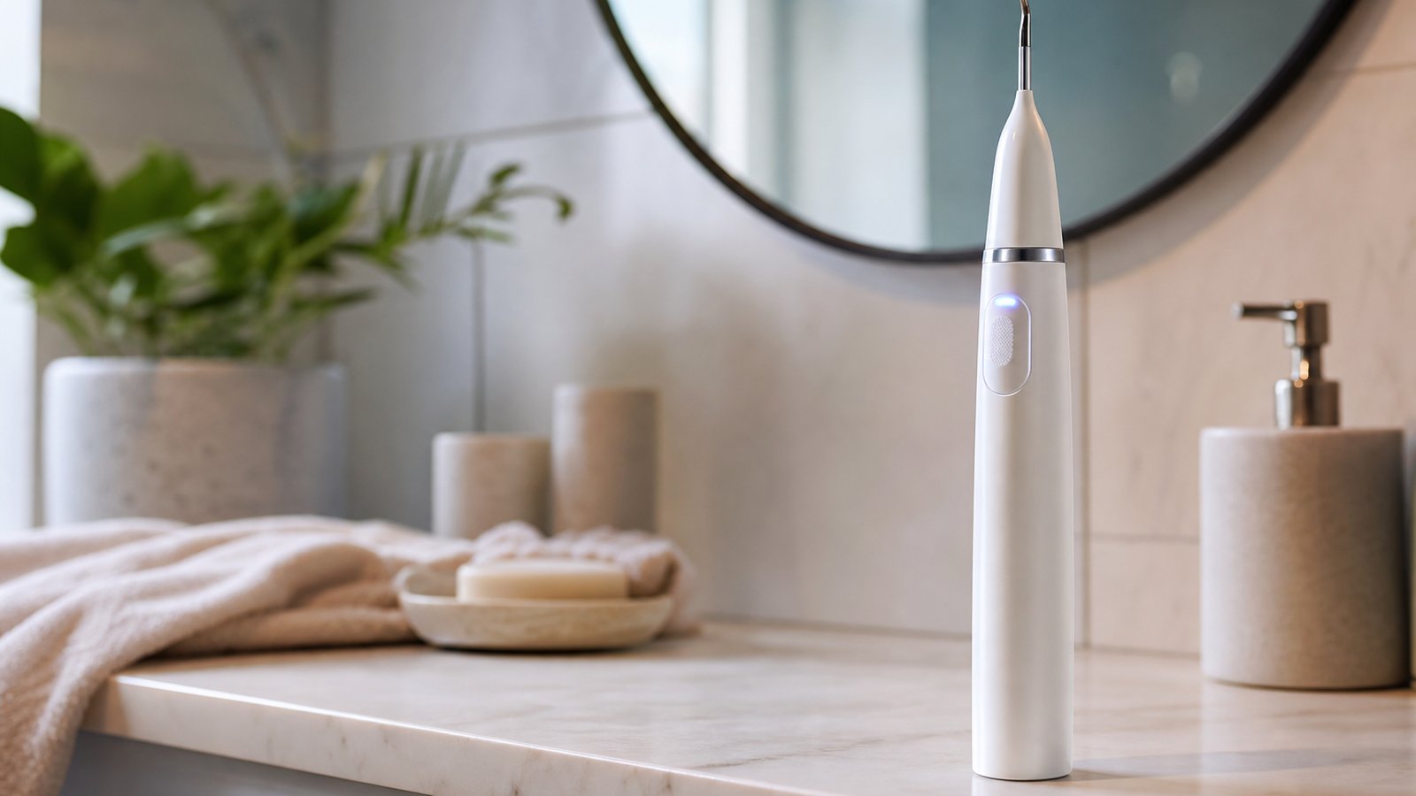 Rechargeable ultrasonic teeth cleaner on a bathroom shelf