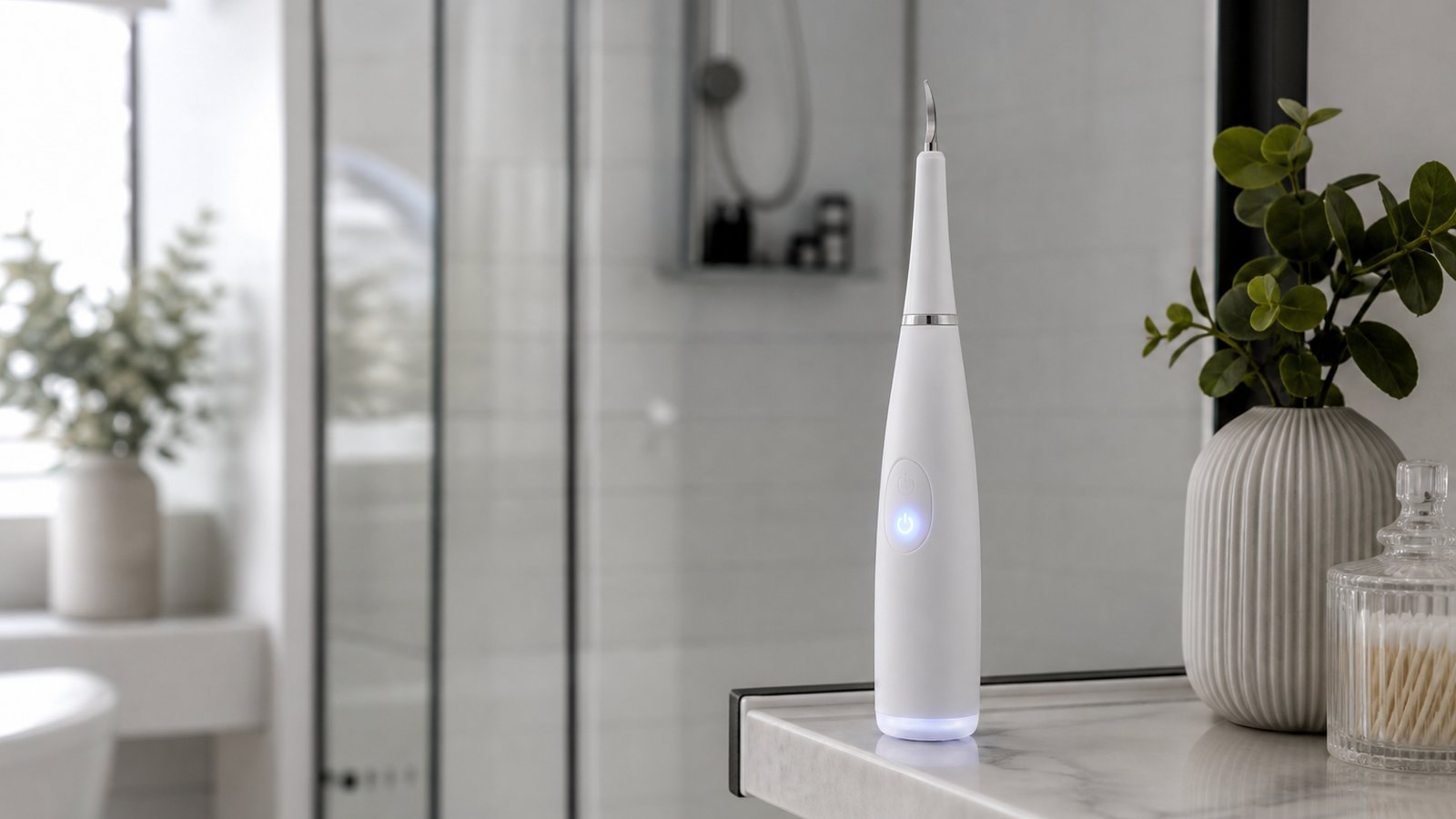 Rechargeable ultrasonic teeth cleaner on a bathroom shelf